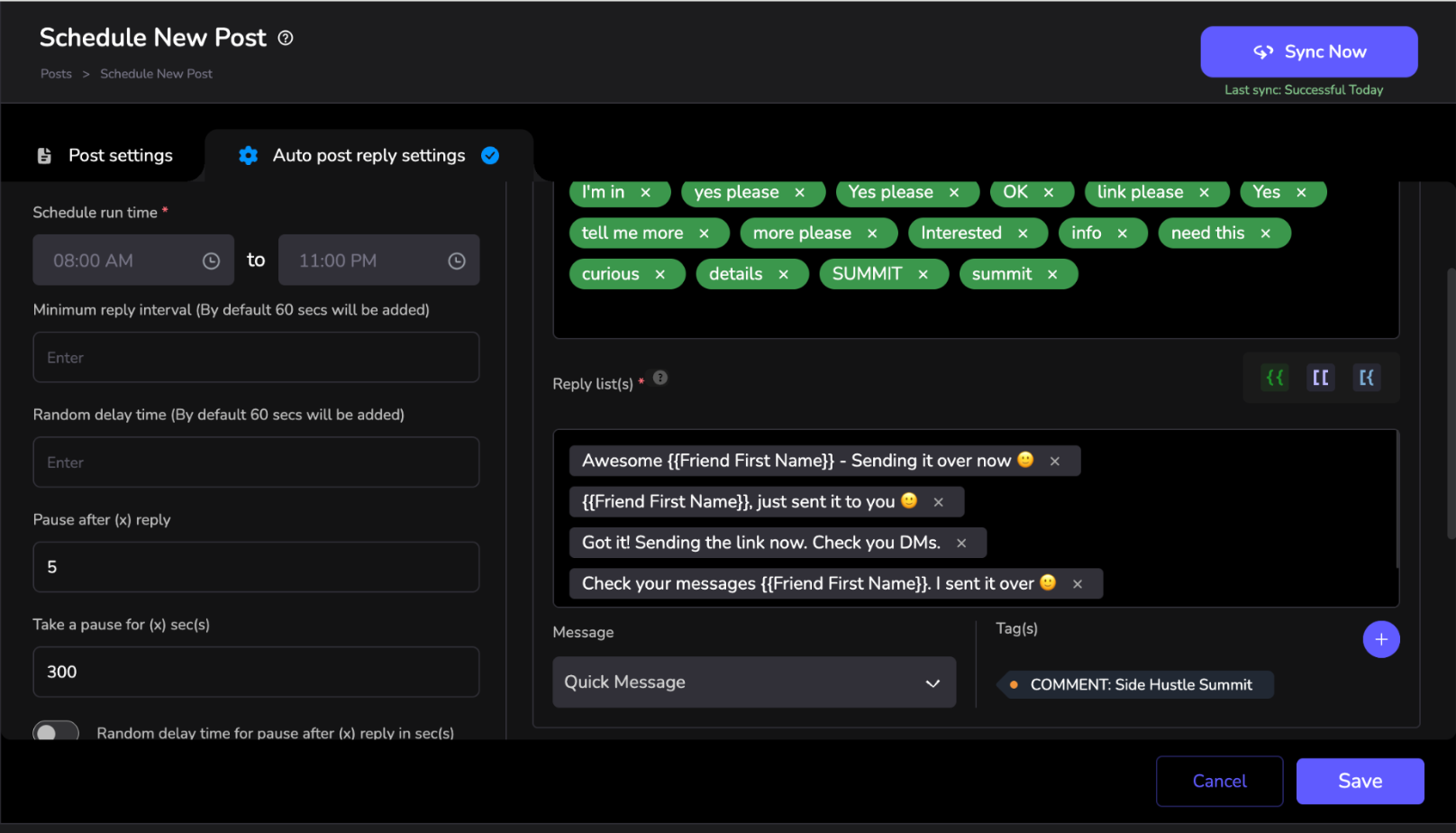 Friender auto post reply settings turning comment keywords into Messenger replies