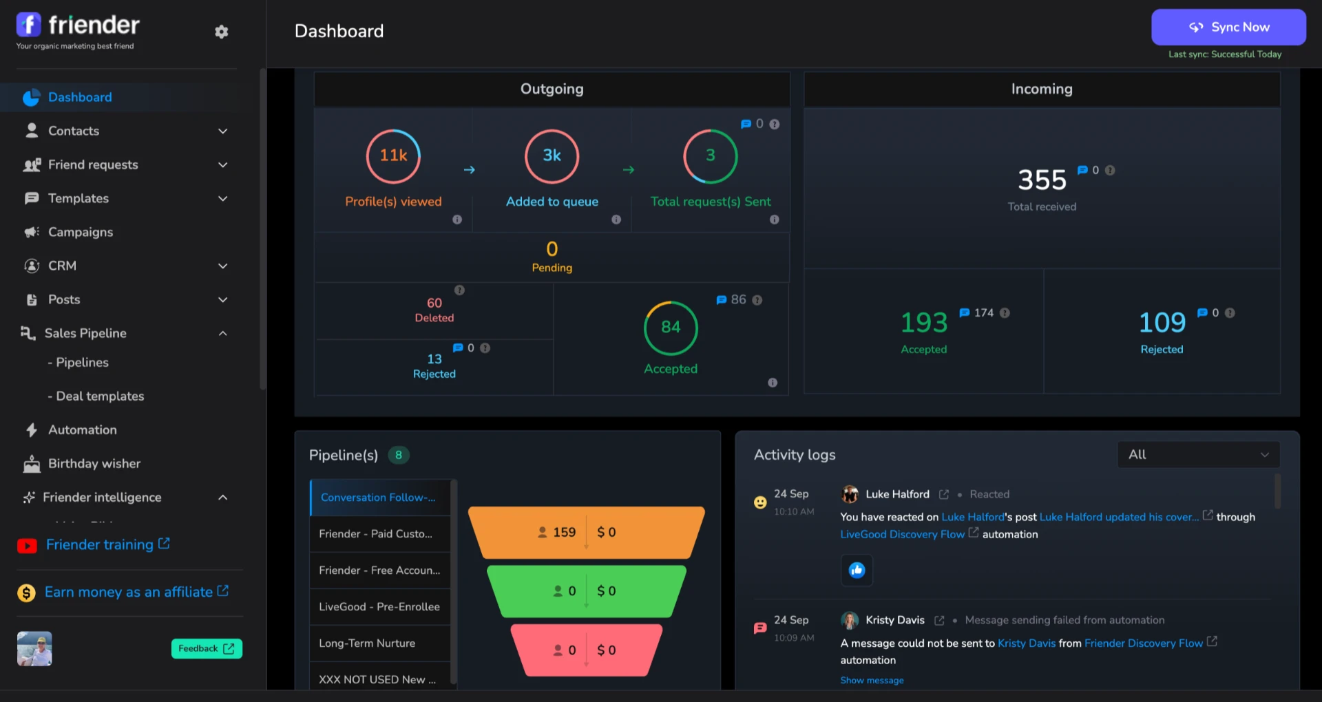 Friender dashboard showing outgoing and incoming activity, pipeline totals, and activity logs