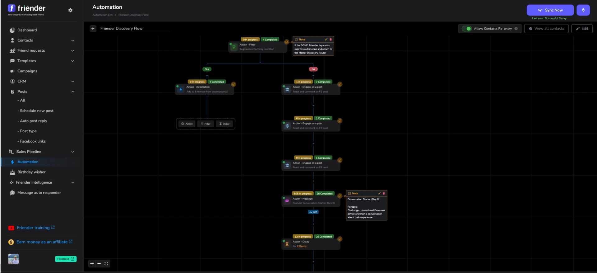 Friender automation workflow showing a follow-up sequence with actions, filters, delays, and messages