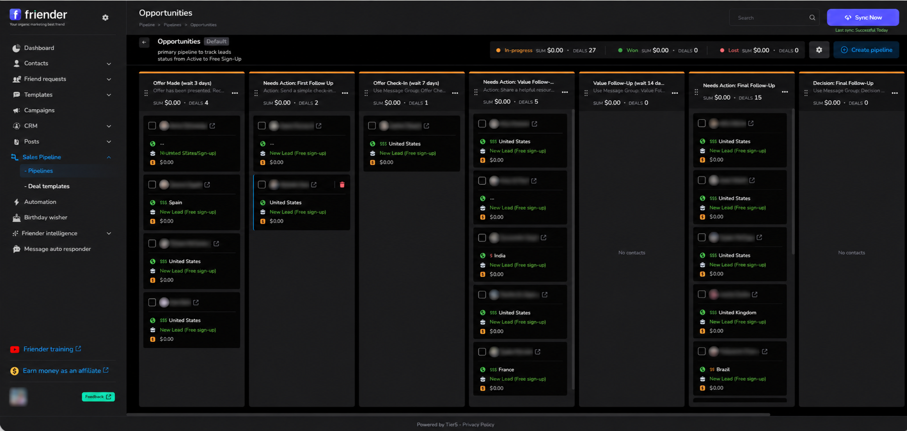 Friender Pro opportunity pipeline showing deals organized by follow-up stage